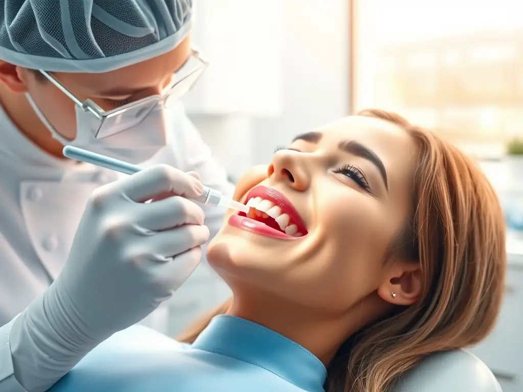A patient receiving a teeth whitening treatment in a dental clinic.
