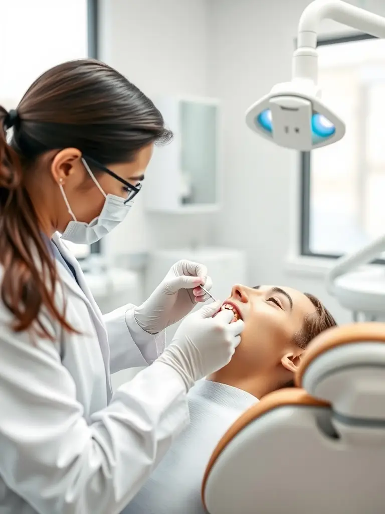 A dentist applying veneers to a patient's teeth in a modern dental clinic.