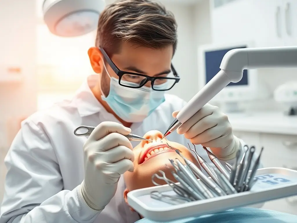 A dentist restoring a patient's tooth with advanced dental tools.