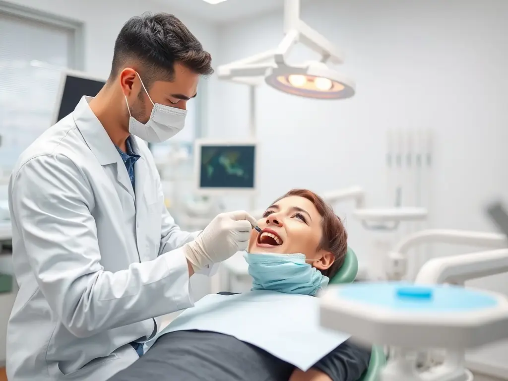 Dentist performing a routine dental check-up on a patient.